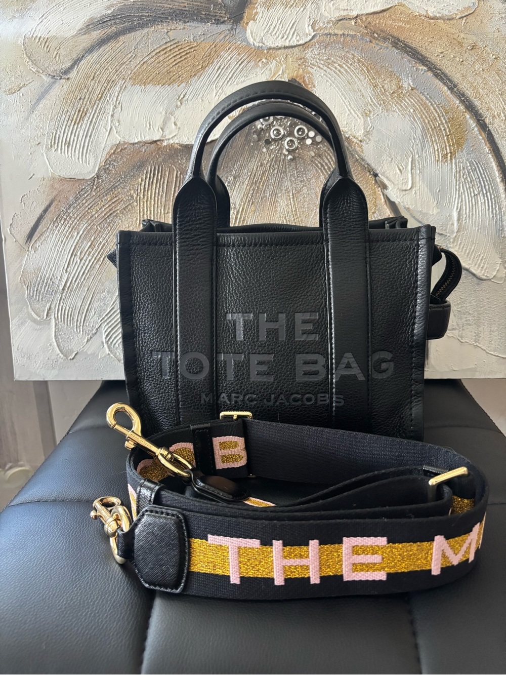 Marc Jacobs Black Leather Tote with Pink & Gold Logo Strap